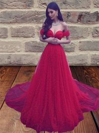 Off-Shoulder A Line Evening Dress Long Red Tulle Discount Dresses With Major Beading Court Train Prom Gowns