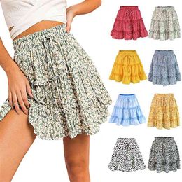 Summer Cascading Ruffles Elastic Waist Drawstring Floral Skirt Y2k Casual Pleated High A-line Red Tiered Short 210604