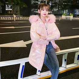 LY VAREY LIN Winter Women Glossy Cotton Coats Korean Style Long Sleeve with Fur Collar White Pink Solid Casual Parkas 210526