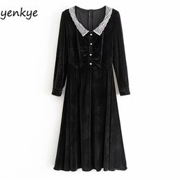 Autumn Dress Women Sweet Lace Trims Vintage Female Long Sleeve O Neck A-line Midi Lady Elegant Velvet vestido 210514