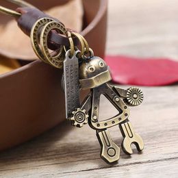 New Fashion Brand Genuine Leather Punk Vintage Robot Pendant Key Chains Alloy Robot Men's Leather Personality Jewelry Wholesale G1019