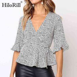 Summer Blouse Women Casual Dot Print Short Sleeve Deep V-Neck Blouses Elegant Ruffle Office Ladies Tops Shirts 210508