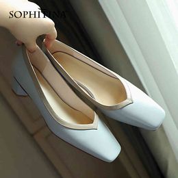 SOPHITINA Female Heel Shoes Women Style Genuine Leather Medium Shallow Dress Spring Autumn Square Toe Office Lady Shoes FO46 210513