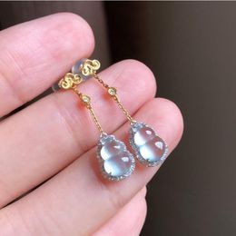 Dangle & Chandelier Natural Chalcedony Gourd Egg Face Diamond Long Earrings Chinese Retro Light Luxury Charm Lady Silver Jewellery