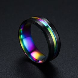 Black Blue Rainbow Groove Ring Band Finger Stainless Steel Contrast Color Rings for Women Men Fashion Jewelry Will and Sandy