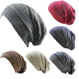 Women Men Caps Mixed Color Cotton Striped Hip Hop Winter Warm Beanies Knit Long Loose Hat Headdress