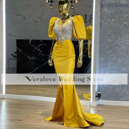 Orange Formal Evening Gowns For Women African Prom Dress Beads Crystal Long Sleeves Informal Guest Party Wear Custom