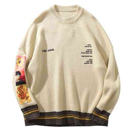 LACIBLE Hip Hop Sweater Pullover Men Van Gogh Painting Embroidery Knitted Harajuku Streetwear Tops Casual 210918