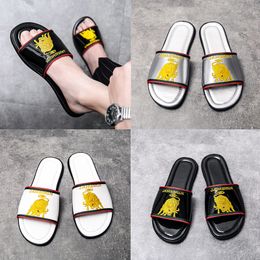 Luxury Genuine Leather slipper Mens Brand designer embroidery Rubber Slides Beach Flat Sandals Shiny Black white silver outdoor indoor Flip Flops