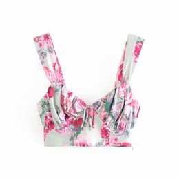 Vintage Chic Floral Print Bow Tie Camis Tops Women Fashion Side Zipper Square Collar Strap Tops Sexy Ladies Camisole 210520