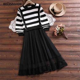 Long Sleeve Striped Cotton Party Dress Princess es Lace Mesh maker Mannequin 210520