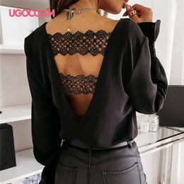 UGOCCAM Women Blouses Plus Size Women Long Sleeve Sexy V-Neck Backless Lace Patchwork Tops Blouse Autumn Spring Casual Shirts 210317