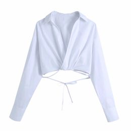 Summer Women Cross V Neck Pleating White Short Blouse Female Long Sleeve Shirt Casual Lady Crop Tops Blusas S8736 210430