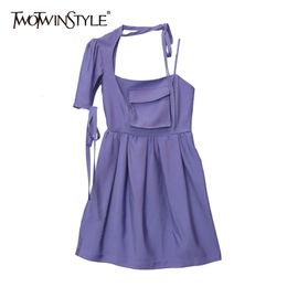 TWOTWINSTYLE Sexy Asymmetrical Dress For Women Slash Neck Short Sleeve High Waist Pocket Mini Dresses Female Fashion Clothes 210517