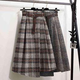 Woolen Skirt Autumn Winter Long Plaid Skirt With Belt Elegant Lady Ruched Folds Irregular A Line Thicken Falda Boots Bottom 211120