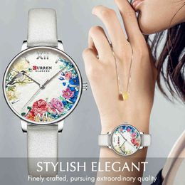 CURREN Watch for Women Waterproof Leather Watches Fashion Flower Quartz Wristwatch Female Clock Reloj Mujer Charms Ladies Gift 210517