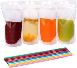 Stand-Up Plastic Drink Pouches Bags with Drink Straws Translucent Reclosable Ice Juice Bags