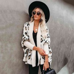 Fitshinling Fuzzy Leopard Long Cardigan Female Bohemian Slim Batwing Sleeve Overized Sweaters Cardiagns For Women Winter Coat 210917