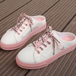 Women Canvas Shoes Lace-up Casual Breathable Without Heel Half Slippers One Pedal Lazy Shoes Zapatillas Mujer Zapatos Planos