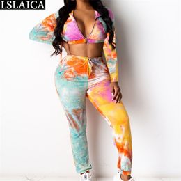 Tie Dye Print Two Piece Outfits for Women Long Sleeve Hooded Zipper Crop Tops Strappy Pants Set Fashion Tracksuit Conjuntos 210515