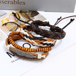 Multi Layer Wood Beads Charm Bracelets Stacking Vintage Braided Leather Bracelet Wristband Bangle Cuff Set Women Men Fashion Jewlery