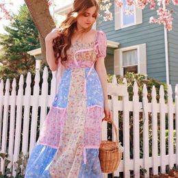 Women Chic Ruched Puff Sleeve Summer Dress Beach Holiday Floral Print Patchwork Vintage Midi Dresses Bohemian Vestidos 210521
