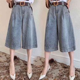 High waist jeans summer Korean loose straight thin section cropped shorts wide leg women 210629