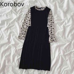 Korobov Vintage Sexy O Neck Women Dress Korean A-Line Preppy Style Female Dresses New Summer Hit Colour Patchwork Dress 210430