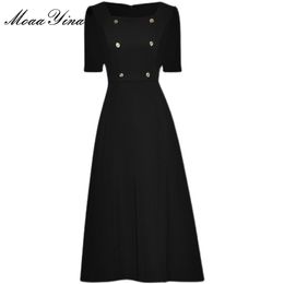 Summer Runway Elegant Party Dress Women Casual Square collar High waist Black/Red Short sleeve A-Line Midi 210524