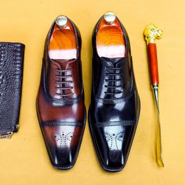 Lacing Comfortable Leather Formal Shoe Men Wedding Business Brogue Oxford Shoe Genuine Leather Black Square Head Mens Dress Shoe