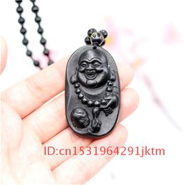 Natural Jade Maitreya Necklace Buddha Pendant Chinese Jewellery Hand-Carved Amulet Charm Gifts Men Accessories Obsidian Black for