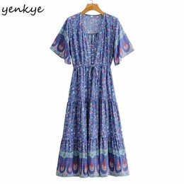 Summer Holiday Boho Dress Women Vintage Floral Print Long Female V Neck Short Sleeve A-line Casual Plus Size 210514