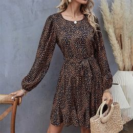 Leopard Print Lantern Sleeve Chiffon O Neck High Waist Bandage Dress Women Loose Boho Streetwear Casual Beach Party Dresses 210608