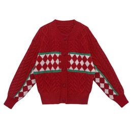 PERHAPS U Women Sweater Knitted Crew Neck Cardigan Button Red Navy Argyle Plaid Spring Autumn M0370 210529