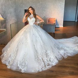 Arabic Sexy Ball Gown Wedding Dresses High Neck Long Sleeves Tulle Lace Appliques Crystal Beaded Button Back Plus Size Bridal Gowns Chapel Train Robes De