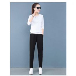 Running Sets Women Sports Suit 2-piece Set Simple White Round Neck Sleeve Sweat Absorbing Breathable Top Black Stretch Fitness Pants