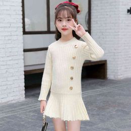 2021 New Teenage School Girls Sweaters Dress Autumn Winter Children Long Sleeve Dresses Knitted Clothes Kids Sweater For Girl G1218