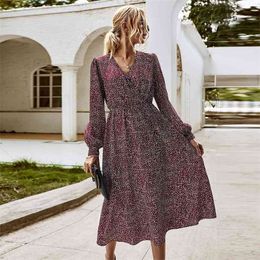Women's Autumn And Winter Products Long-sleeved Elegant Floral Print Dress Women V Neck A-line Maxi Dresses Vestidos 210517