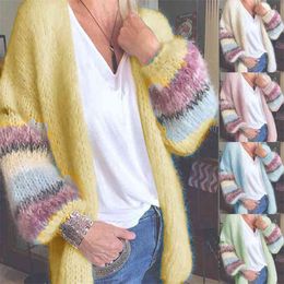 Fall Winter Knitted Cardigan Striped Patchwork Mohair Sweater Korean Style Lady Long Sleeve Loose Casual Mujer 210604