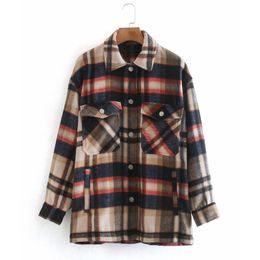 Women's Jackets Autumn Women Loose Plaid Shirts Jackets Coats Long Sleeve Pockets Single Breasted Female Street Outerwear Plus Size 210513