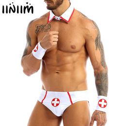 Mens Lingerie Doctor Nurse Sexy Cosplay Role Play Costumes Outfit Set Fancy Clubwear Jockstraps Briefs with Collar and Cuff 210616