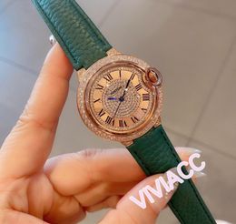 fashion brand Roman digital Quartz watch rose gold full diamond dial green leather clock women geometric pattern watches 36mm