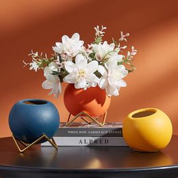 vases for table decorations UK - Nordic Color Ball Flower Pot With Iron Frame Creative Model Ceramic Countertop Vase Living Room Table Decoration Accessories Vases