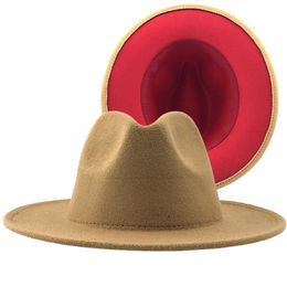 Trend Tan con fondo rosso Patchwork Plain Feltro di lana Jazz Cappelli Fedora Uomo Donna Tesa larga Panama Trilby Cappello da cowboy per Party Q0805