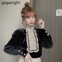 Gaganight Elegant Women Solid Shirt Chic Ruffles Long Sleeve Blouses Autumn Winter Korean Office Lady Vintage Black Blusas 210317