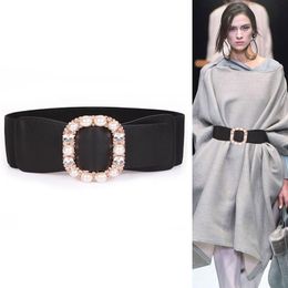 Belts Big Pearl Crystal No Pin Buckle Belt Woman Punk Plus Wide Waistbands Dress Fashion Black Soft Leather Cummerbunds Coat Girls