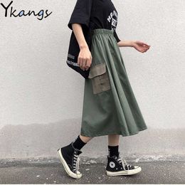 Cotton Khaki Camo Green Pocket High Waist Cargo skirt Streetwear Harajuku Korean Women Fashion A-Line Midi Long Skirt Autumn 210619