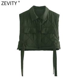 Zevity Women Vintage Turn Down Collar Sleeveless Short Vest Jacket Ladies Side Bow Tied Casual Pockets Chic WaistCoat Tops CT678 210603