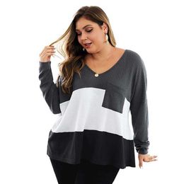 Knitted Autumn Women Sweater Sexy V-Neck Long Sleeve Pockets Patchwork Sweaters Plus Size W509 210526