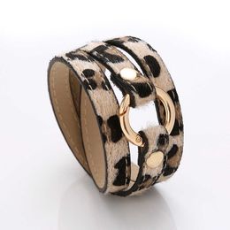 New Creative Fashion Punk Style Leopard Print Fur Leather Bracelets & Bangles Long Wrapped Pu Bracelet Cuff Gift for Women Girls Q0719